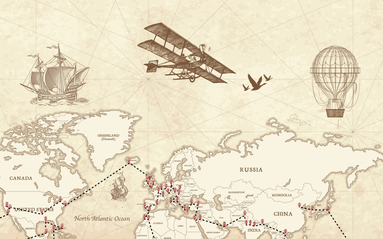 world map drawing with airplane