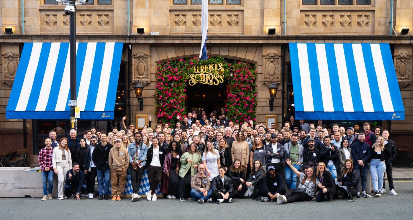 big group of albert schloss staff members in front of albert schloss restaurant