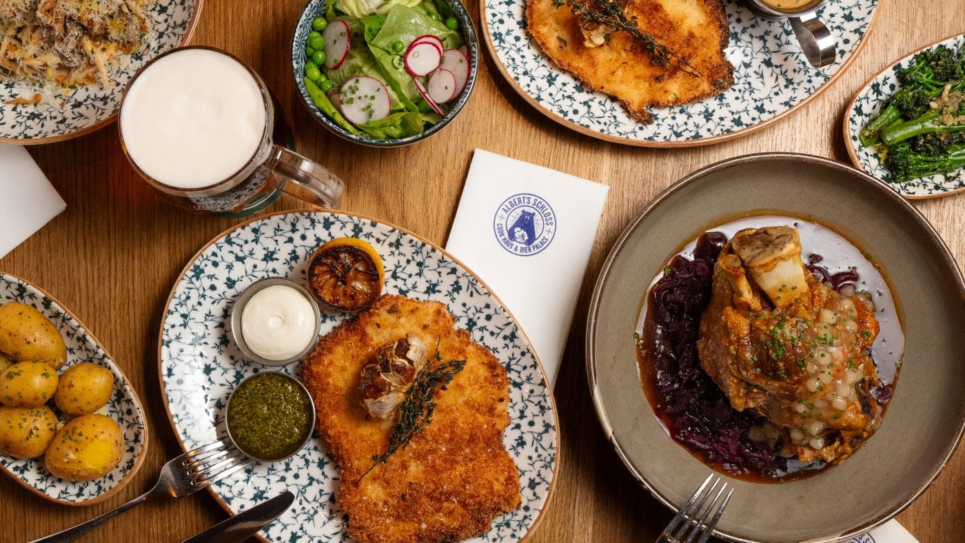 table with diverse range of bavarian brauhaus menu meals